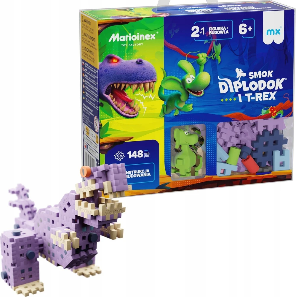 Marioinex Diplodocus ir T-Rex Mini vaflinės kaladėlės 148vnt + figūrėlė ZA5501