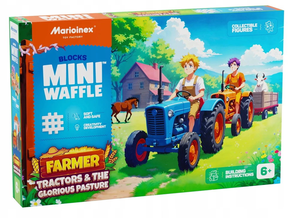 MARIOINEX Mini vaflių ūkininko kaladėlės Traktoriai ir šauni pieva, 110 detalių