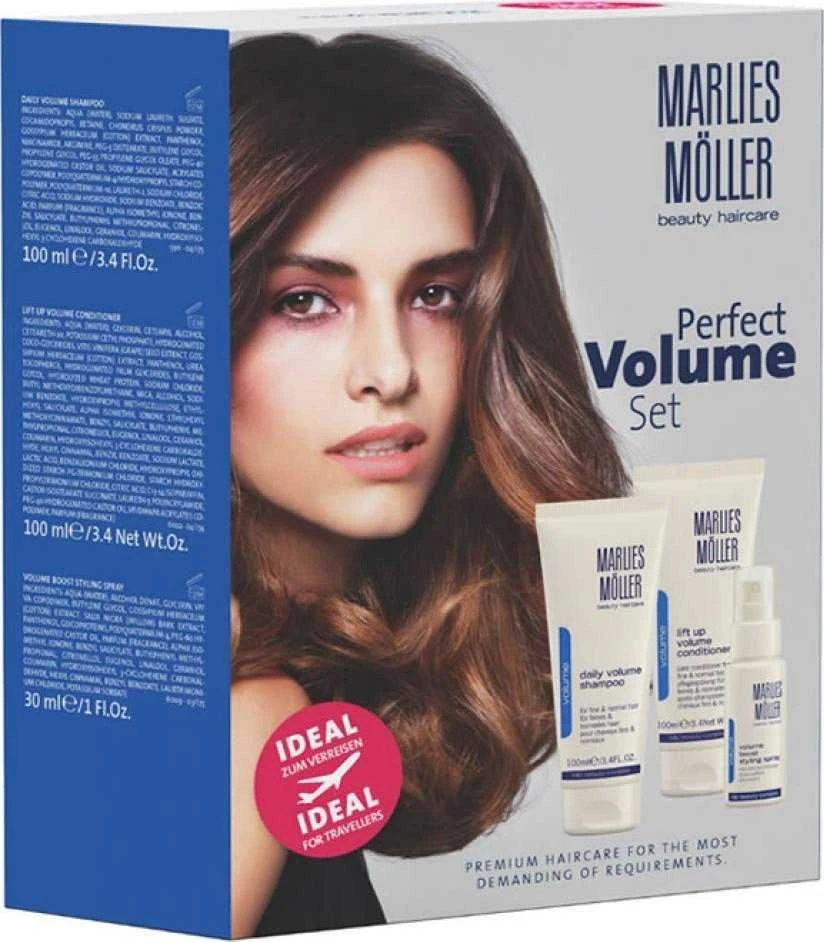 „Tobulos apimties“ rinkinys Marlies Moller: kasdienis plaukų apimties didinimo šampūnas, 100 ml + pakeliamasis plaukų kondicionierius apimčiai, 100 ml + apimties didinimo plaukų lakas formavimui, 30 ml