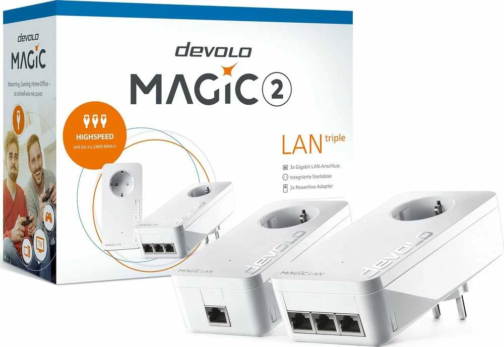 Maršrutizatorius „devolo Magic 2 LAN“ trigubas maitinimo adapteris Devolo + pradinis rinkinys, „Powerline“ (2 adapteriai)