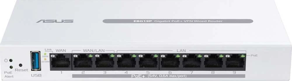 Asus | 9 prievadų gigabito „PoE+“ VPN, laidinis, maršrutizatorius | EBG19P | 802.11ac | Ethernet LAN (RJ-45) jungtys 8 | Tinklo palaikymas: Taip | MU-MiMO: Ne | 5G | Antenos tipas: Vidinė