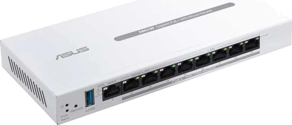 Asus | 9 prievadų gigabito „PoE+“ VPN, laidinis, maršrutizatorius | EBG19P | 802.11ac | Ethernet LAN (RJ-45) jungtys 8 | Tinklo palaikymas: Taip | MU-MiMO: Ne | 5G | Antenos tipas: Vidinė
