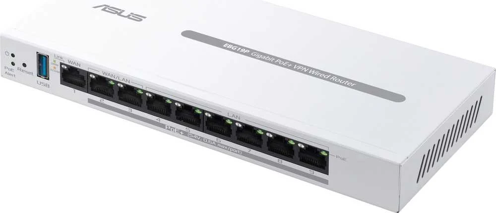 Asus | 9 prievadų gigabito „PoE+“ VPN, laidinis, maršrutizatorius | EBG19P | 802.11ac | Ethernet LAN (RJ-45) jungtys 8 | Tinklo palaikymas: Taip | MU-MiMO: Ne | 5G | Antenos tipas: Vidinė