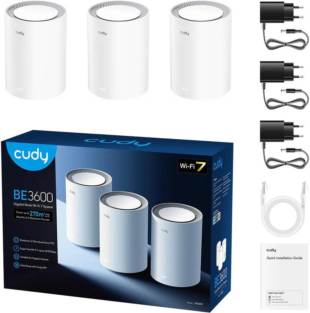 Maršrutizatorius Cudy M3600 dviejų dažnių (2,4 GHz / 5 GHz) „Wi-Fi 7“ (802.11be) „Baltas 3“ vidinis
