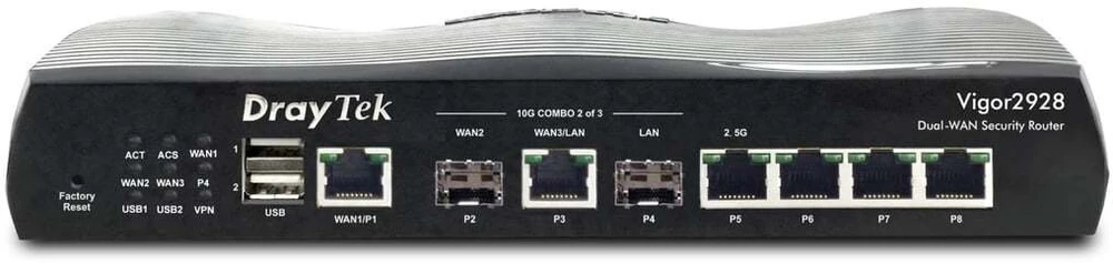 Maršrutizatorius DRAYTEK Vigor 2928 dviejų WAN 10GbE SFP+/RJ-45 / WAN atsarginis ryšys / apkrovos paskirstymas / 50xVPN / 8xVLAN