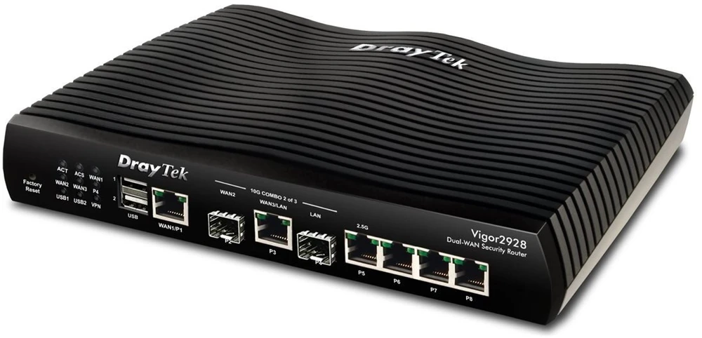 Maršrutizatorius DRAYTEK Vigor 2928 dviejų WAN 10GbE SFP+/RJ-45 / WAN atsarginis ryšys / apkrovos paskirstymas / 50xVPN / 8xVLAN