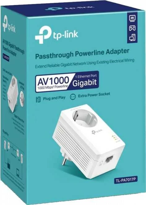 TP-LINK | AV1000 Gigabit Passthrough Powerline Adapteris | TL-PA7017P | 1000 Mbit/s | Ethernet LAN (RJ-45) jungtys 1 | Nėra „Wi-Fi“ | Papildomas lizdas