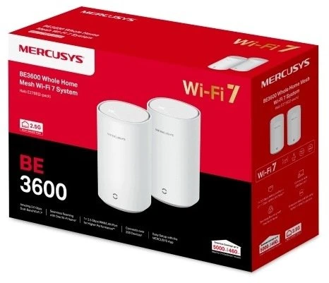Maršrutizatorius Mercusys MERCUSYS Halo E27BE(2-pack) WiFi7 Mesh (BE3600,2,4GHz/5GHz,1x2,5GbELAN/WAN,2xGbELAN/WAN)