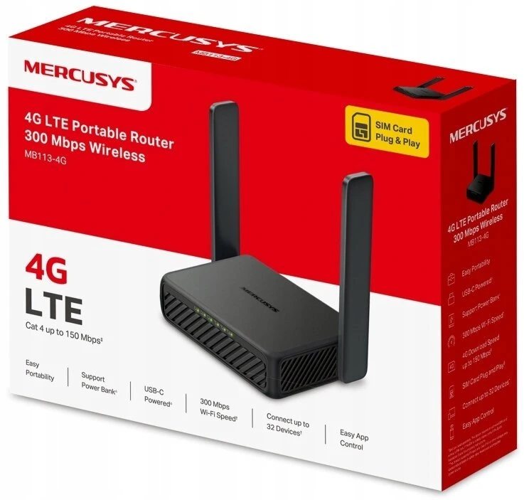Mercusys | MB113-4G | Wireless 4G LTE Portable Maršrutizatorius | 802.11n | Ethernet LAN (RJ-45) jungtys 2 | 300 Mbit/s | Mesh Support No | MU-MiMO No | 4G