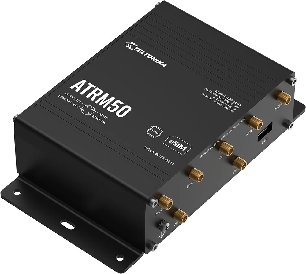 Teltonika | 5G maršrutizatorius transportui | ATRM50 | 802.11ac | 10/100/1000 Mbit/s | Ethernet LAN (RJ-45) jungtys 3 | Tinklo palaikymas: Taip | MU-MiMO: Taip | 5G | Antenos tipas: 4 x SMA mobiliesiems įrenginiams, 2 x RP-SMA Wi-Fi, 1 x SMA GNNS
