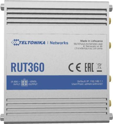 Teltonika | Pramoninis korinio ryšio maršrutizatorius | RUT360 LTE CAT6 | 1 x LAN jungtis, 10/100 Mbps, atitinka IEEE 802.3, IEEE 802.3u standartus, palaiko automatinį MDI/MDIX perjungimą, Mbit/s | Ethernet LAN (RJ-45) jungtys, 2 x RJ45 jungtys, 10/100 Mbps | Mesh palaikymas: Ne | MU-MiMO: Taip | 3G/4G duomenų bendrinimas | Antenos tipas: 2 x SMA, skirta LTE, 2 x RP-SMA, skirta WiFi