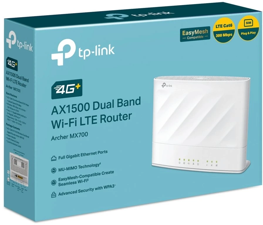 TP-LINK Archer MX700 | 4G+ AX1500 dviejų dažnių „Wi-Fi LTE“ Maršrutizatorius | 802.11ax | Ethernet LAN (RJ-45) jungtys 1 | 10/100/1000 Mbit/s | Mesh palaikymas: Taip | 4G | MU-MiMO: Taip