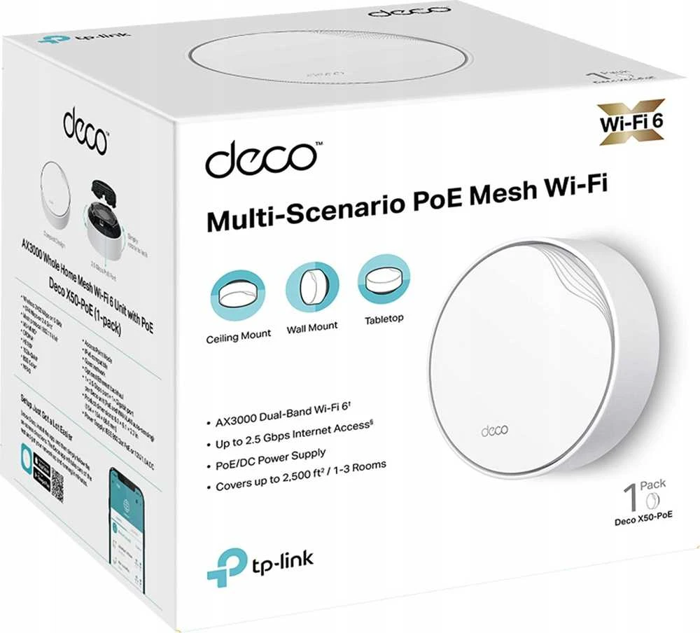 Maršrutizatorius TP-LINK | AX3000 viso namo „Whole Home WiFi 6“ sistema su „PoE“ | „Deco X50-PoE“ (1 vnt. pakuotė) | 802.11ax | Ethernet LAN (RJ-45) jungtys 1 | Tinklo palaikymas: Taip | MU-MiMO: Taip | Ne, mobilusis plačiajuostis ryšys: | Antenos tipas: Vidinė