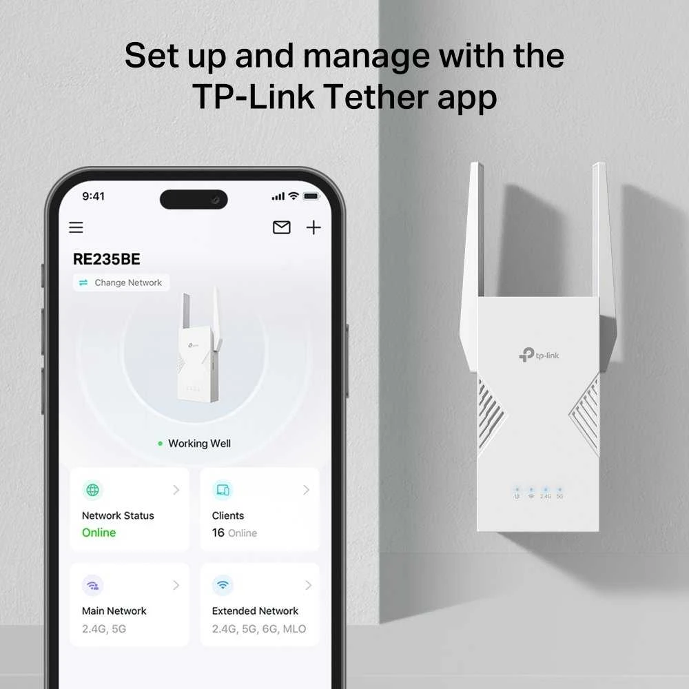 Maršrutizatorius TP-LINK BE3600 dviejų dažnių „Wi-Fi 7“ diapazono ilgintuvas | RE235BE | 802.11ax | 688/2882 Mbit/s | Ethernet LAN (RJ-45) jungtys 1 | MU-MiMO Ne | ne PoE | Antenos tipas Išorinė