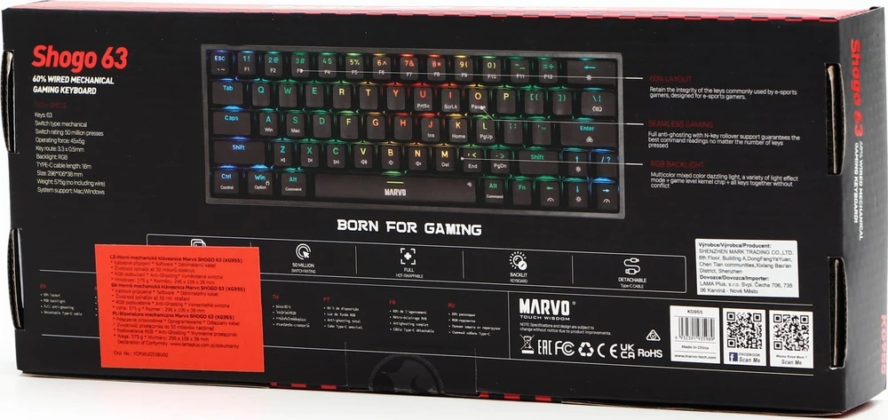 MARVO KG955 Shogo 63 RGB Laidinė žaidimų klaviatūra | USB-C | Juoda, 60%