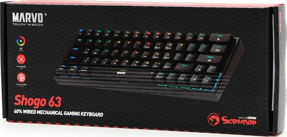 MARVO KG955 Shogo 63 RGB Laidinė žaidimų klaviatūra | USB-C | Juoda, 60%