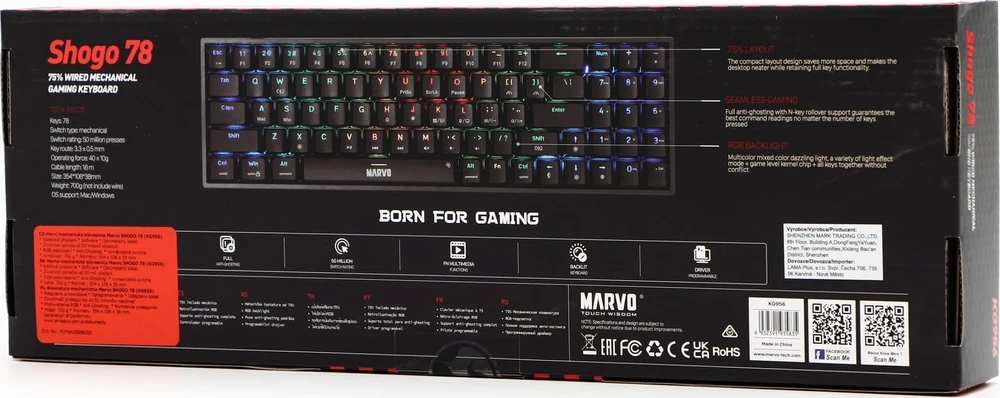 MARVO KG956 Shogo 78 RGB Laidinė žaidimų klaviatūra | USB-C | Juoda, 75% TKL