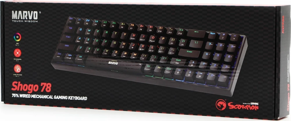 MARVO KG956 Shogo 78 RGB Laidinė žaidimų klaviatūra | USB-C | Juoda, 75% TKL