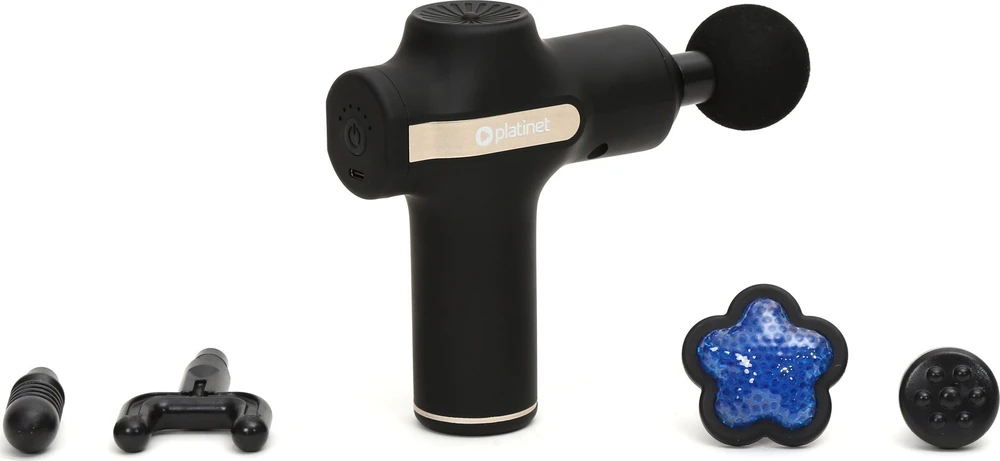 Platinet masažinis pistoletas MINI (25W; 1800mAh; 3200 aps./min.; 5 masažiniai antgaliai)
