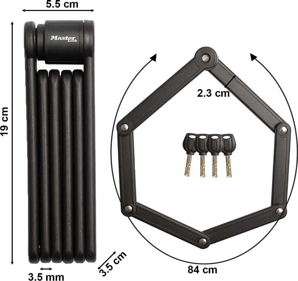 Masterlock MASTER LOCK sulankstomas dviračio užraktas su grūdinto plieno jungtimis su 4 raktais