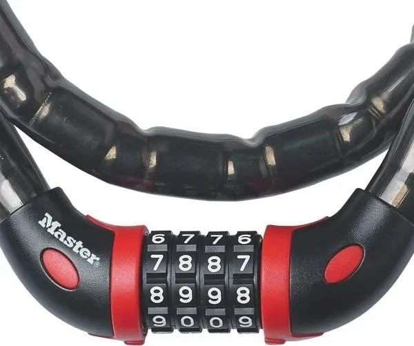 Masterlock MASTER LOCK armuota trosinė dviračio spyna dūmo spalvos vinilo apvalkalu su 4 skaitmenų užraktu