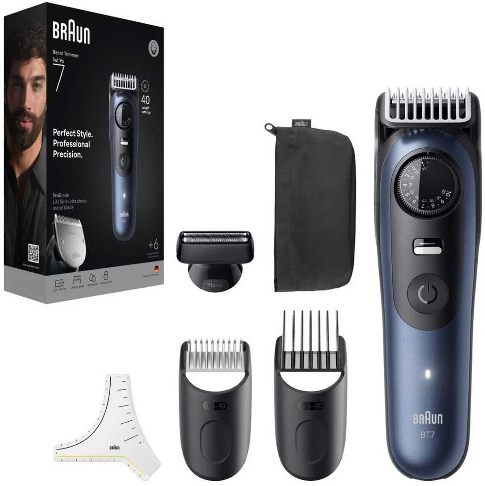 Braun BeardTrimmer 7 BT7520 Baterija 40 2 cm „Wet & Dry“ Juoda, Mėlyna
