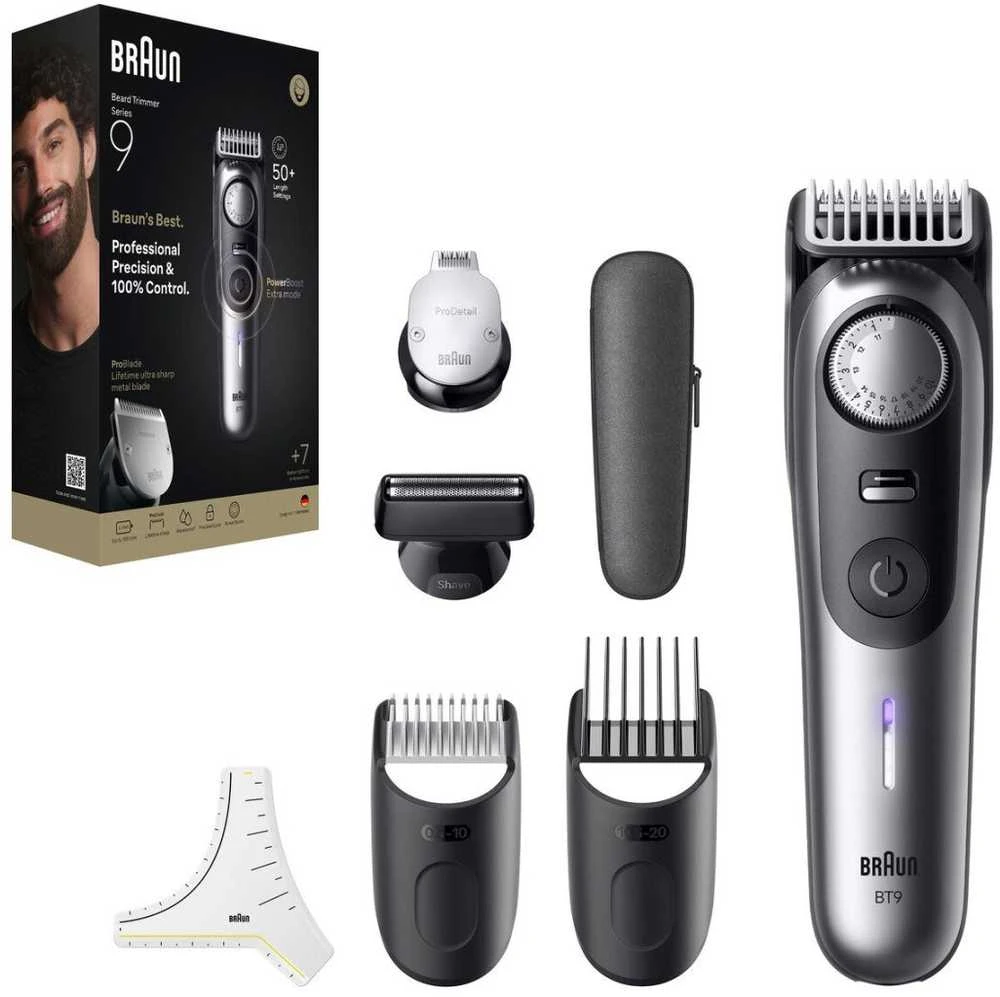 „Braun“ barzdos kirpimo mašinėlė 9 serija, +7 kirpimo įrankiai, BT9520 - matinio chromo spalvos
