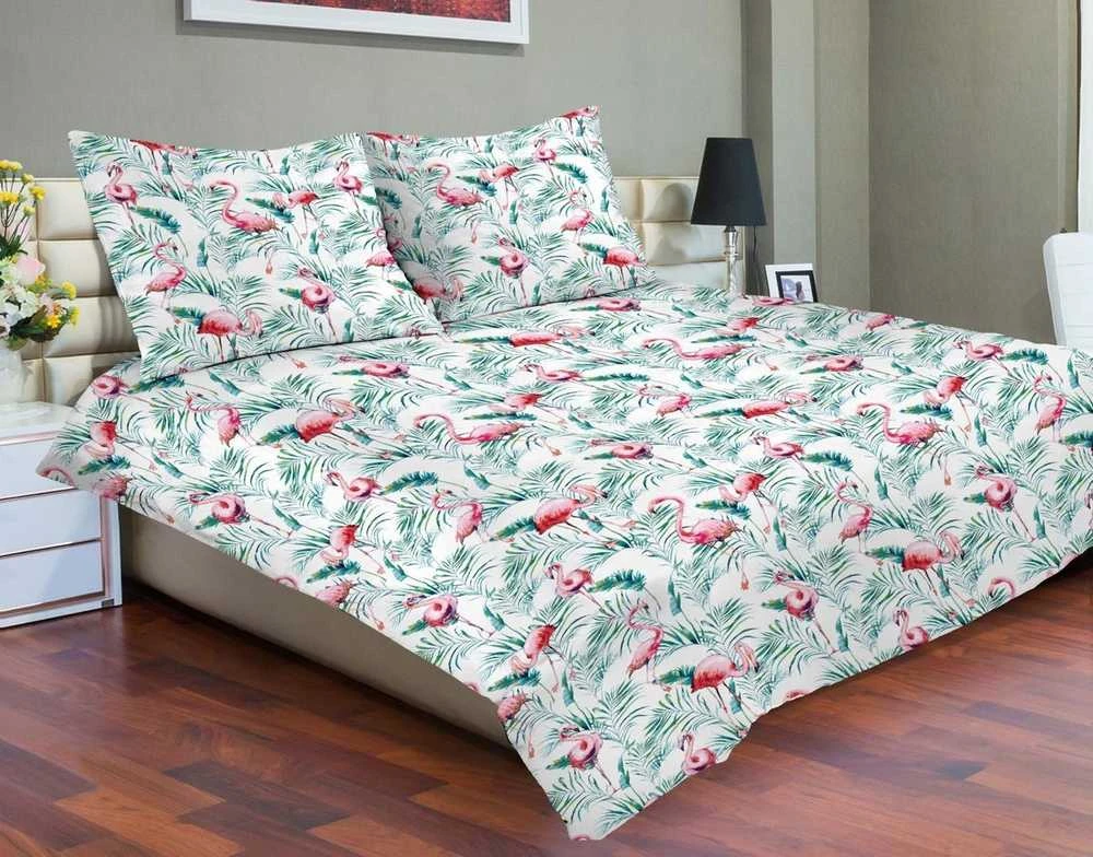 Matex Medvilninio satino patalynės komplektas 220x200, baltas ir žalias su flamingais ir palmių lapais, 3 dalių, užsegamas užtrauktuku, OEKO-TEX sertifikatas, miegamojo tekstilė
