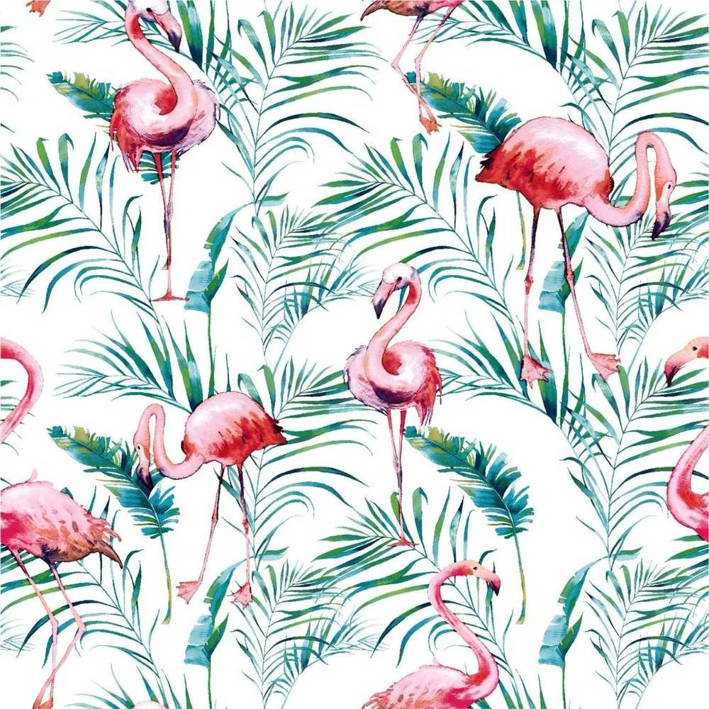 Matex Medvilninio satino patalynės komplektas 220x200, baltas ir žalias su flamingais ir palmių lapais, 3 dalių, užsegamas užtrauktuku, OEKO-TEX sertifikatas, miegamojo tekstilė