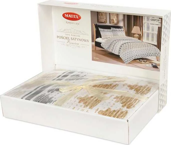 Patalynės komplektas Matex Patalynė satynowa 160x200 04A Premium balta pilka juoda smėlio sp. mix trójkąty
