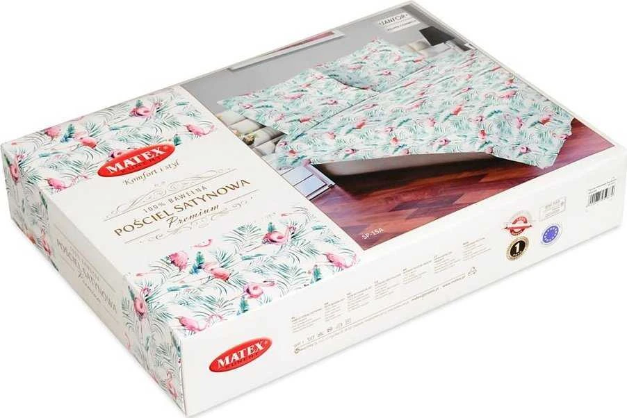 Patalynės komplektas Matex Patalynė atlasas 220x200 15A Premium flamingų palmių lapai mėtų rožinės spalvos