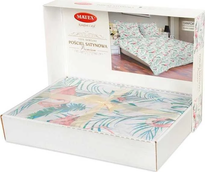 Patalynės komplektas Matex Patalynė atlasas 220x200 15A Premium flamingų palmių lapai mėtų rožinės spalvos