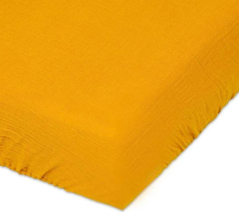Matex Muslino paklodė su guma 90x200 cm, geltona medvilninė paklodė, minkšta kvėpuojanti paklodė su guma, nelyginama patalynė, viengulė paklodė