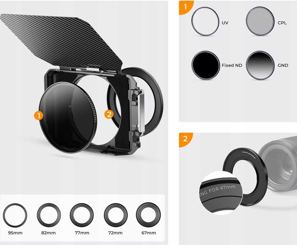 Objektyvo gaubtas Kf Matte Box, gaubtas nuo saulės objektyvui 67-95 mm fotoaparatui ir kamerai K&F / Sku.2364v1