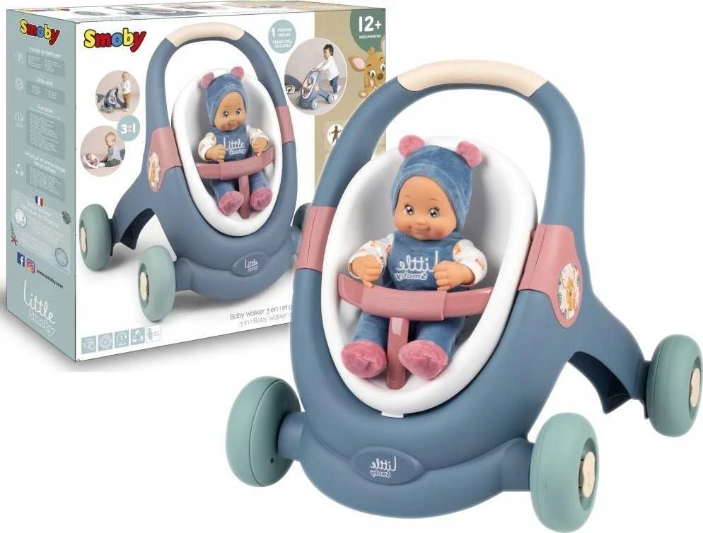 Smoby Vaikų Paspirtukas 3in1 Vežimėlis + Mergaitė Bobas