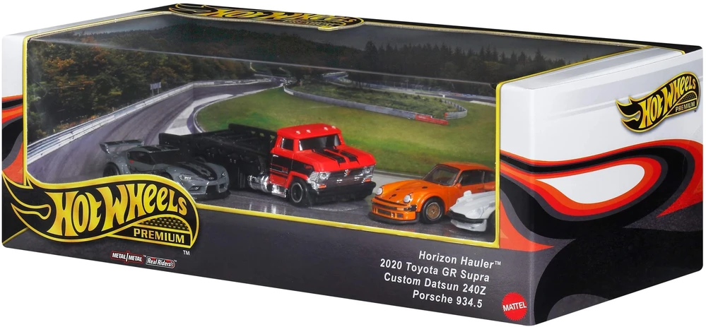Žaislai, žaidimai ir kolekcionavimas - Hot Wheels Premium Horizon Hauler (Mattel, Toyota GR Supra, Datsun, Porsche)