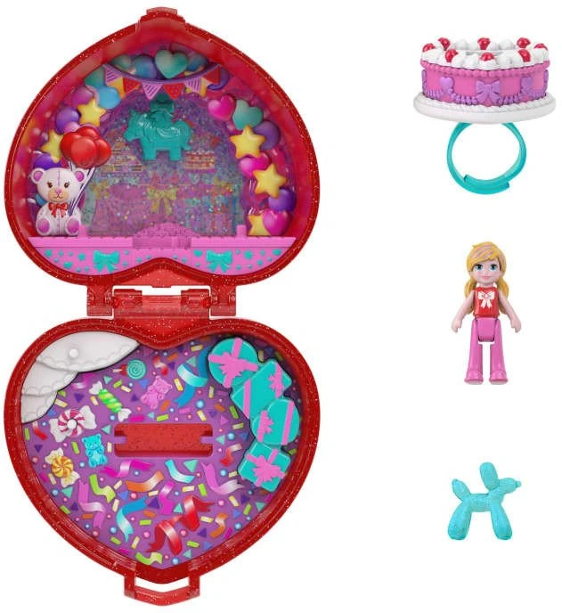 Mattel Polly Pocket kompaktiškas gimtadienio rinkinys su žiedu ir torto figūrėle