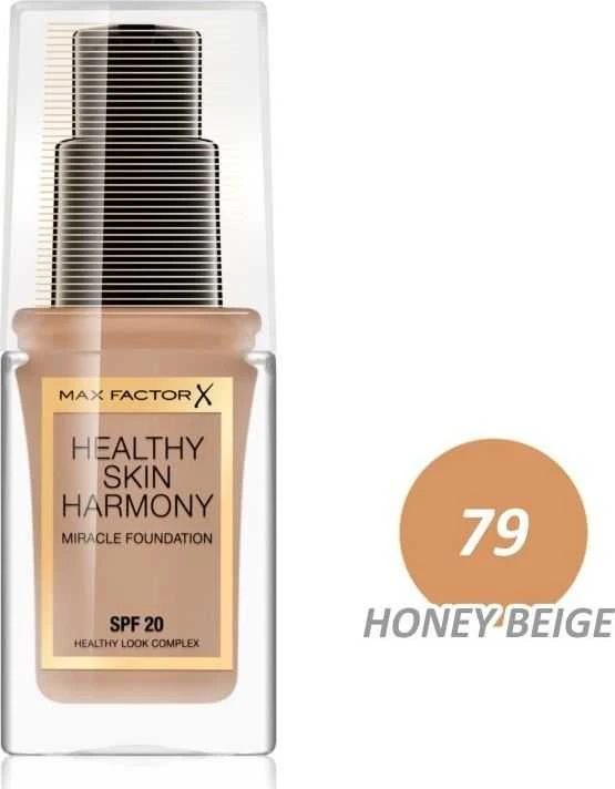 „Max Factor Healthy Skin Harmony“ skystas makiažo pagrindas, 79 Honey, gelinis kremas nuo saulės SPF 20, 30 ml