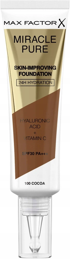 „Max Factor Miracle Pure Hyaluronic Acid Radiant“ skystas makiažo pagrindas ir serumas 2 viename su kakava, SPF 30, 30 ml