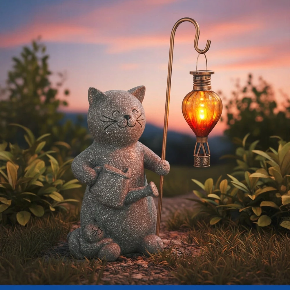 Maximex Lamp Saulės energija varomas žibintas-katė su šviečiančiu LED balionu, 26,5 x 16 cm