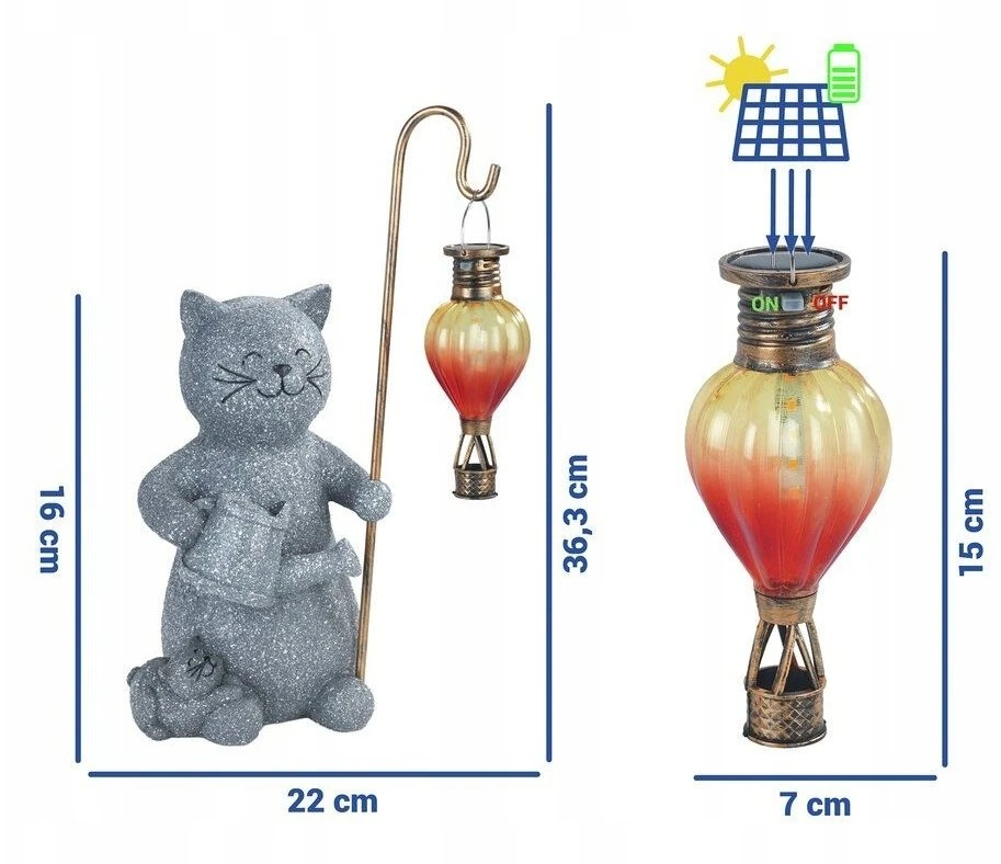 Maximex Lamp Saulės energija varomas žibintas-katė su šviečiančiu LED balionu, 26,5 x 16 cm