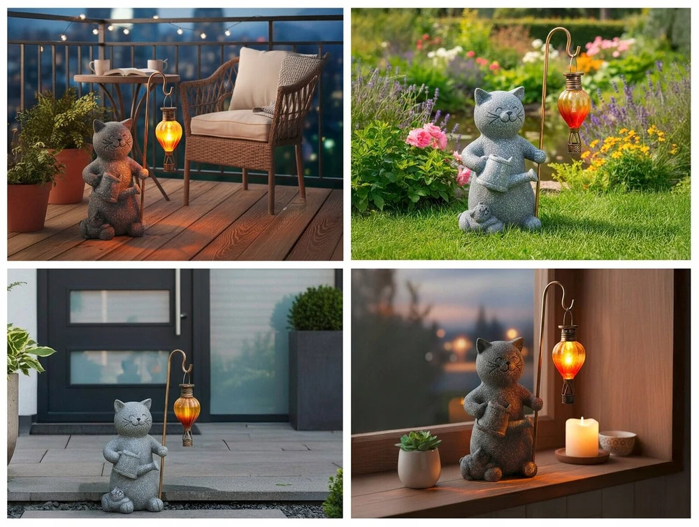 Maximex Lamp Saulės energija varomas žibintas-katė su šviečiančiu LED balionu, 26,5 x 16 cm
