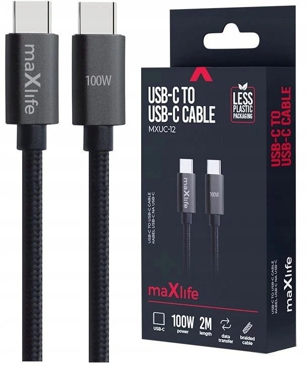 Maxlife MXUC-12 laidas USB-C – USB-C 2,0 m 100W juodas