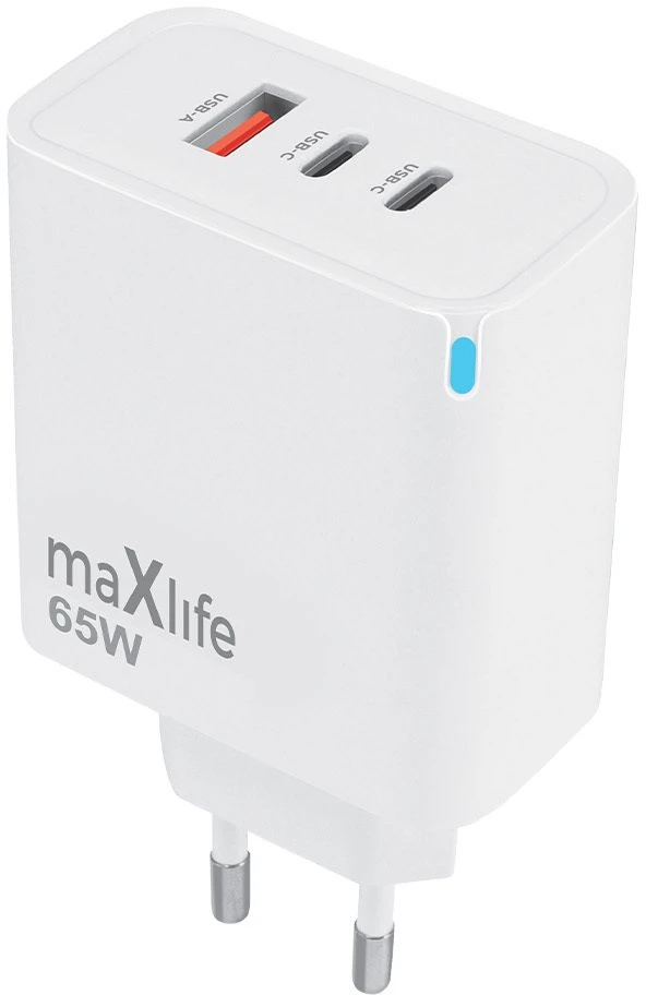 „Maxlife MXTC-09-65ACC GaN PD QC“ įkroviklis 2x USB-C 1x USB 65W baltas