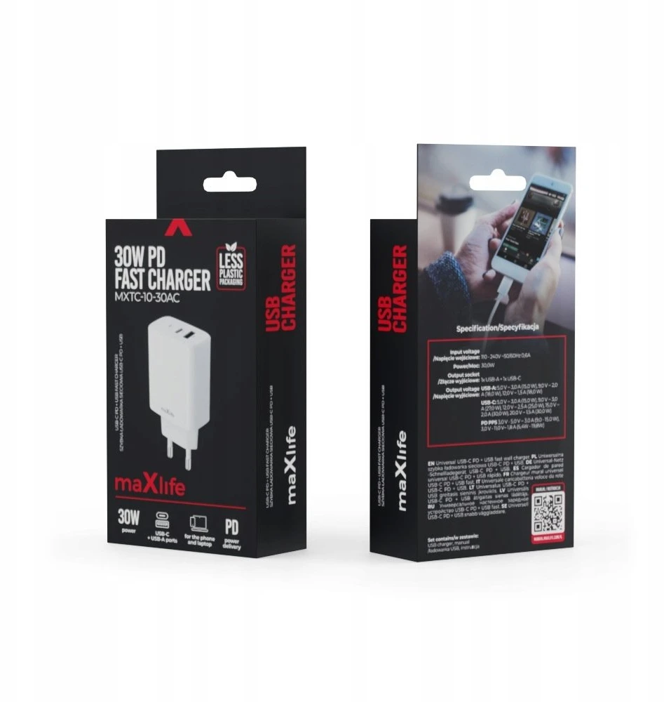 Maxlife MXTC-10-30AC PD QC įkroviklis 1x USB-C 1x USB 30W baltas
