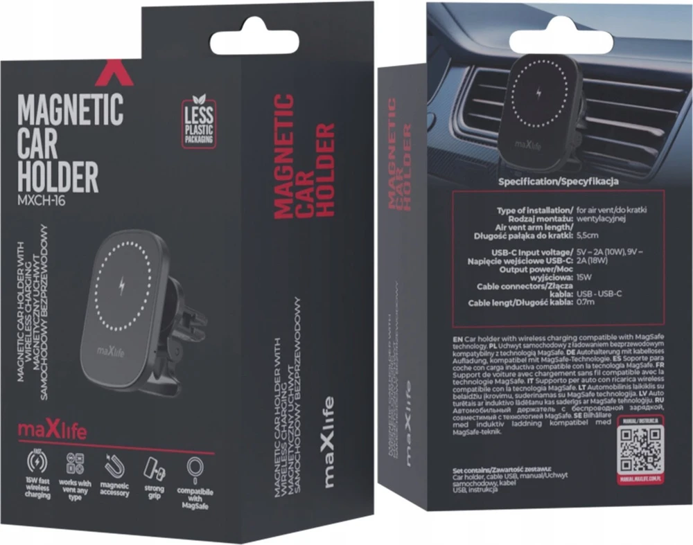 Maxlife automobilinis laikiklis ventiliacijos grotelėms MXCH-16 magnetinis su belaidžiu įkrovimu juodas 15W