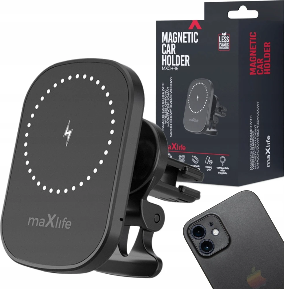 Maxlife automobilinis laikiklis ventiliacijos grotelėms MXCH-16 magnetinis su belaidžiu įkrovimu juodas 15W