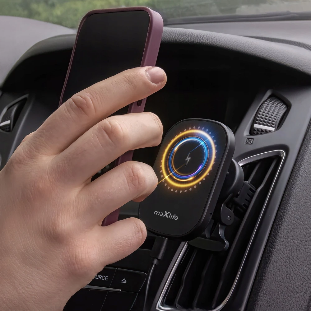 Maxlife automobilinis laikiklis ventiliacijos grotelėms MXCH-16 magnetinis su belaidžiu įkrovimu juodas 15W