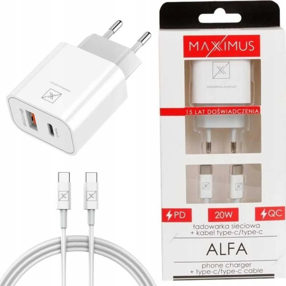 Maxximus Tinklo įkroviklis MX ALFA 20W PD+QC, USB-A+C + kabelis C/C 20W PD, baltos spalvos