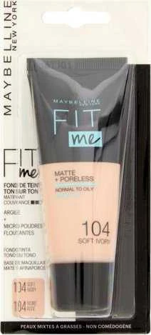 „Maybelline Fit Me Matte + Poreless“ skystas makiažo pagrindas, 104 „Soft Ivory“, 30 ml